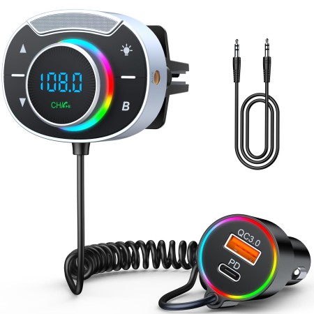 Rolgno Bluetooth Adapter Car, FM Transmitter Car Bluetooth 5.3, QC3.0 & PD30W Car Charger, Handsfree & Bass Amplifier, Colour Changing Breathing Lights, Air Outlet, Supports AUX Output